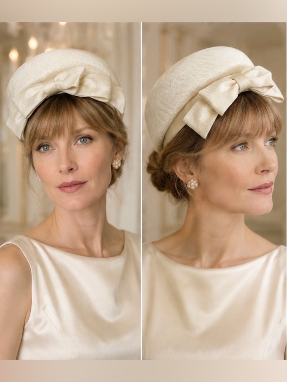 Vintage Lillian Daché Pillbox Hat Ivory Satin Bow Audrey Hepburn Style 1960's